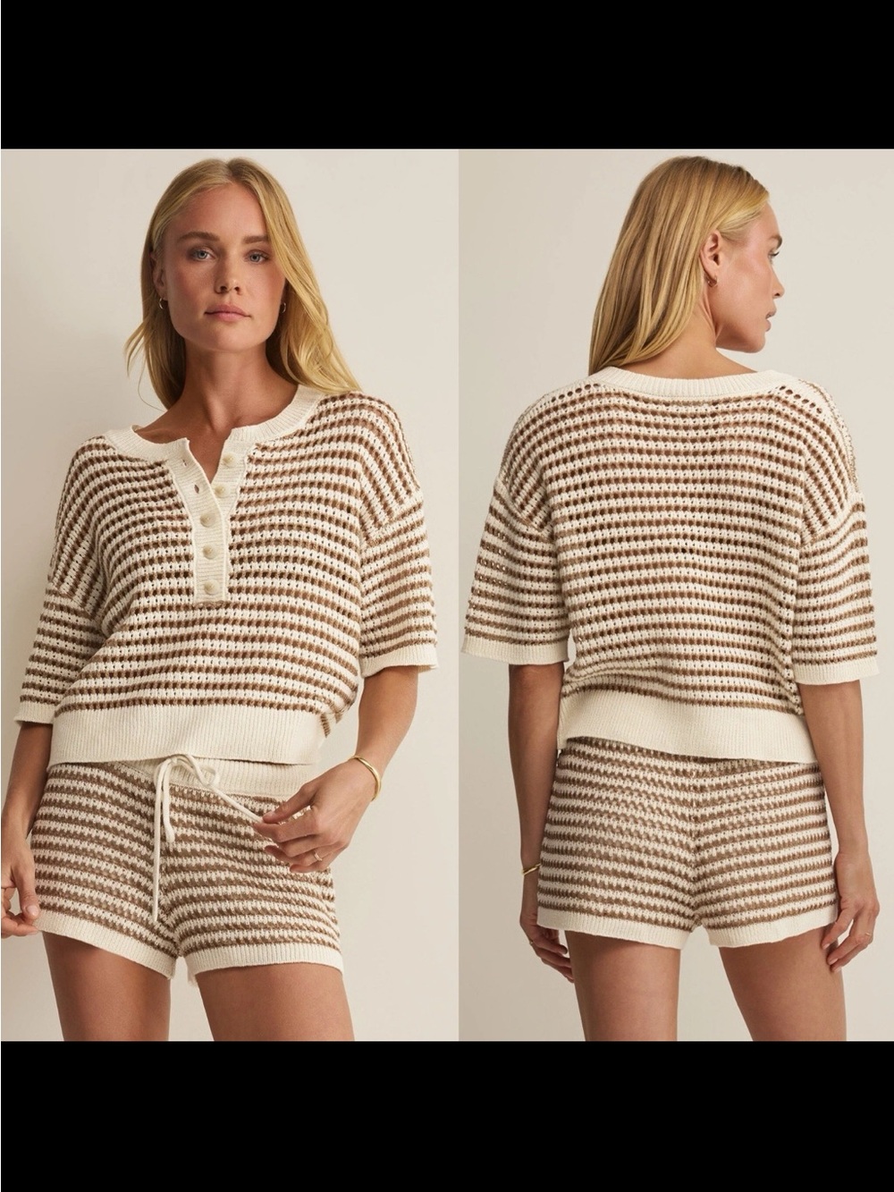 Net Z Supply Cream and Brown Striped Knit Sweater